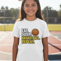 Eat Sleep Basketball Repeat Youth Funny Sports Motivation T-Shirt for Kids Athletes WHITE - G640B - FRONT