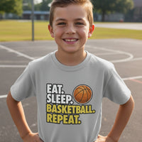 Eat Sleep Basketball Repeat Youth Funny Sports Motivation T-Shirt for Kids Athletes Sport Grey - G640B - FRONT