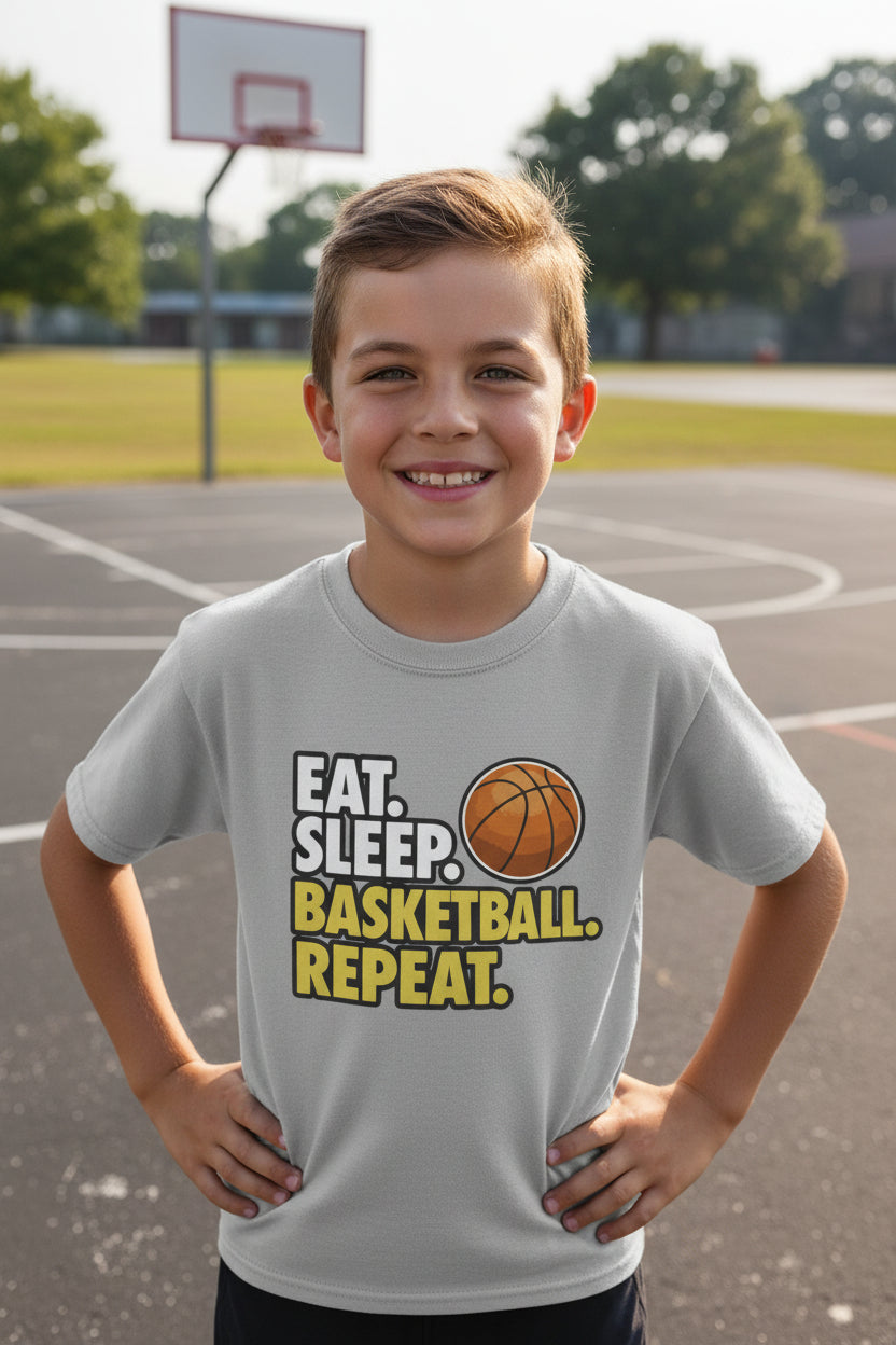 Eat Sleep Basketball Repeat Youth Funny Sports Motivation T-Shirt for Kids Athletes Sport Grey - G640B - FRONT