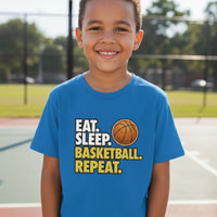 Eat Sleep Basketball Repeat Youth Funny Sports Motivation T-Shirt for Kids Athletes Royal - G640B - FRONT