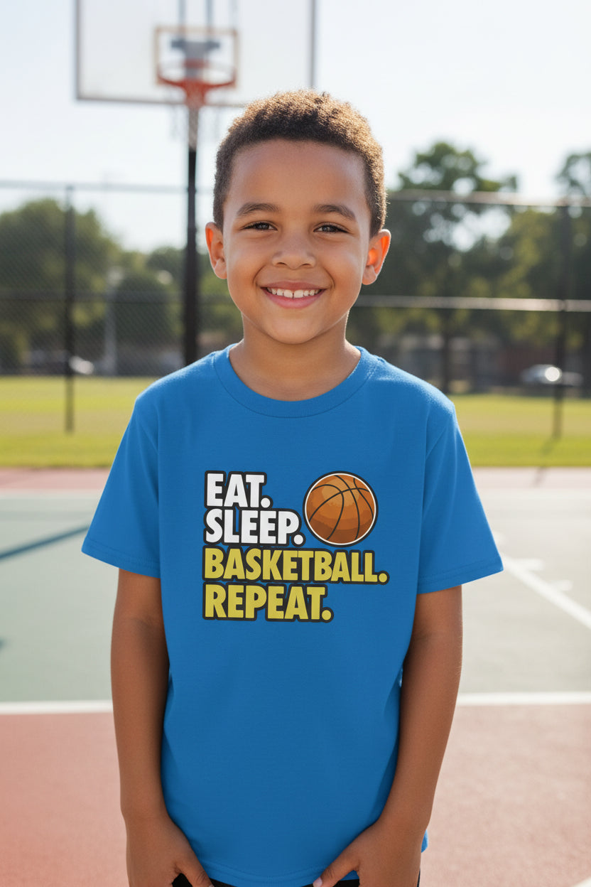 Eat Sleep Basketball Repeat Youth Funny Sports Motivation T-Shirt for Kids Athletes Royal - G640B - FRONT
