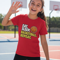 Eat Sleep Basketball Repeat Youth Funny Sports Motivation T-Shirt for Kids Athletes Red - G640B - FRONT