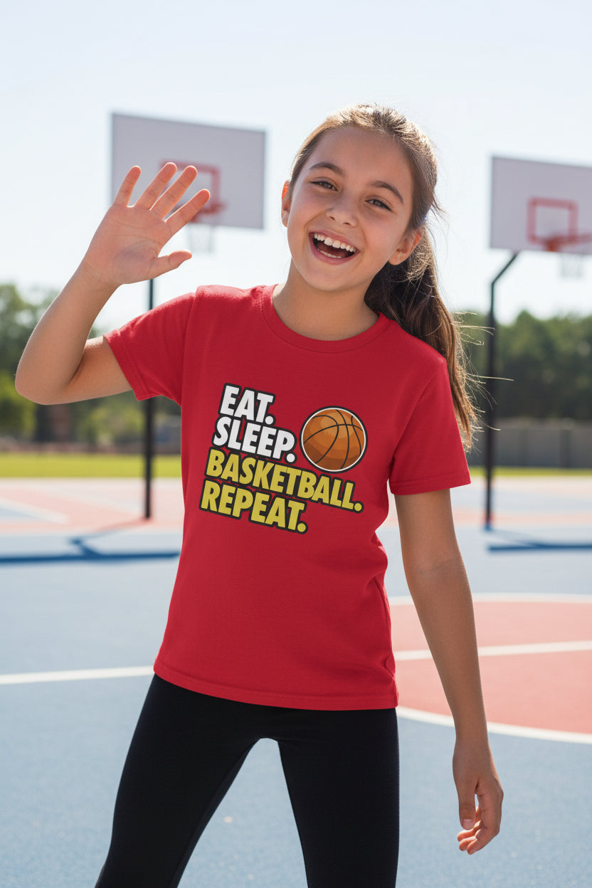 Eat Sleep Basketball Repeat Youth Funny Sports Motivation T-Shirt for Kids Athletes Red - G640B - FRONT