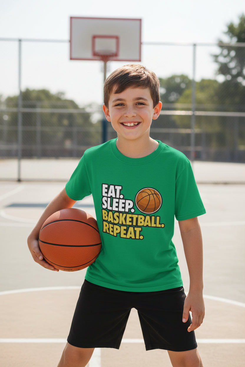 Eat Sleep Basketball Repeat Youth Funny Sports Motivation T-Shirt for Kids Athletes Irish Green - G640B - FRONT