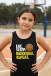 Eat Sleep Basketball Repeat Youth Funny Sports Motivation Tank Top for Kids Athletes Solid Black Triblend - 3480YCV - FRONT