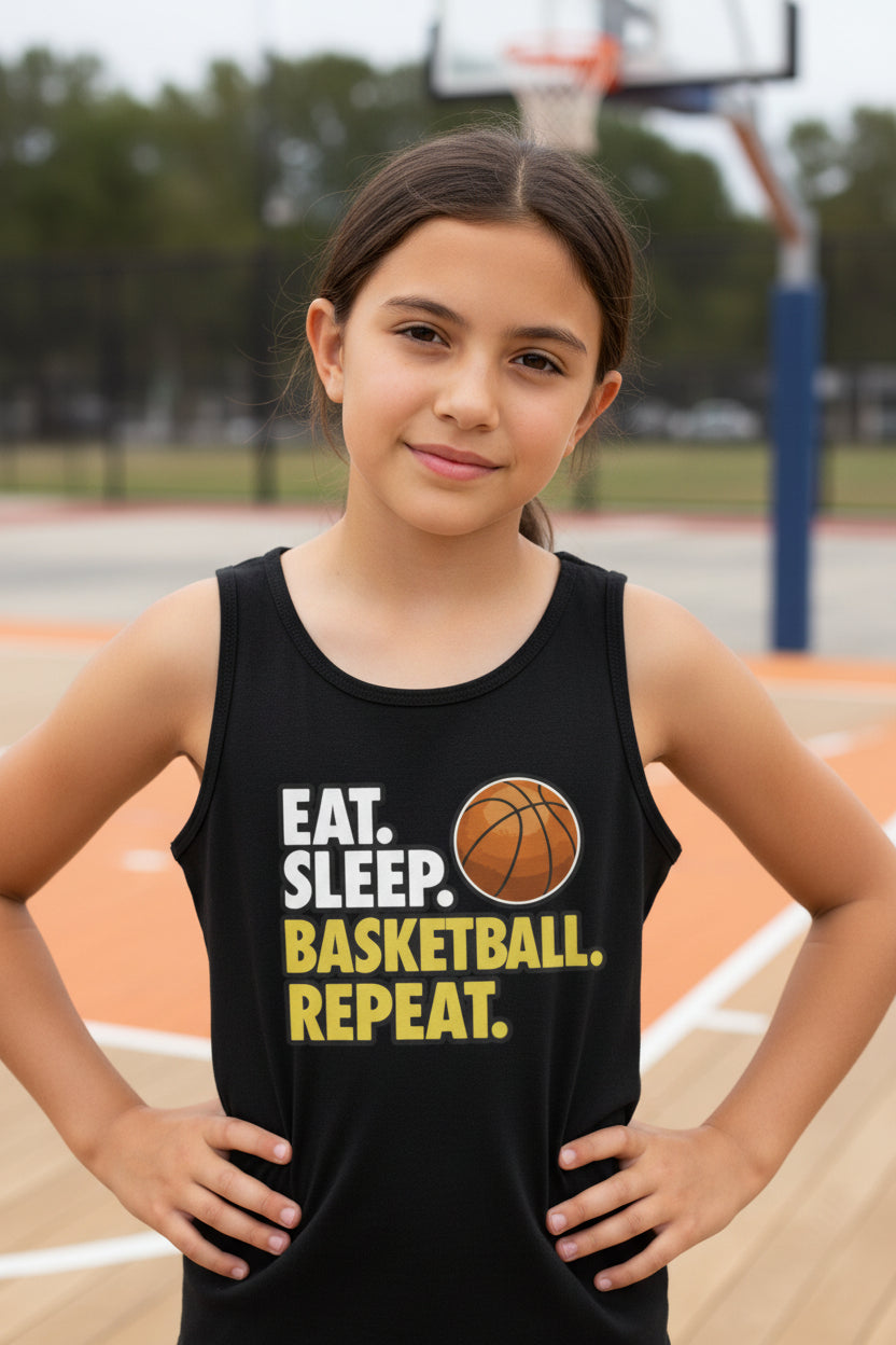 Eat Sleep Basketball Repeat Youth Funny Sports Motivation Tank Top for Kids Athletes Solid Black Triblend - 3480YCV - FRONT