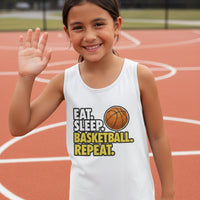 Eat Sleep Basketball Repeat Youth Funny Sports Motivation Tank Top for Kids Athletes  Solid White Triblend - 3480YCV - FRONT