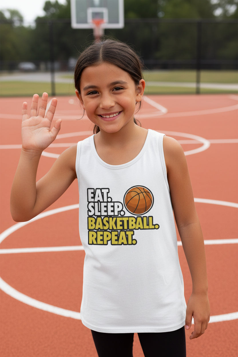 Eat Sleep Basketball Repeat Youth Funny Sports Motivation Tank Top for Kids Athletes  Solid White Triblend - 3480YCV - FRONT