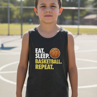 Eat Sleep Basketball Repeat Youth Funny Sports Motivation Tank Top for Kids Athletes  DARK GREY HEATHER - 3480YCV - FRONT