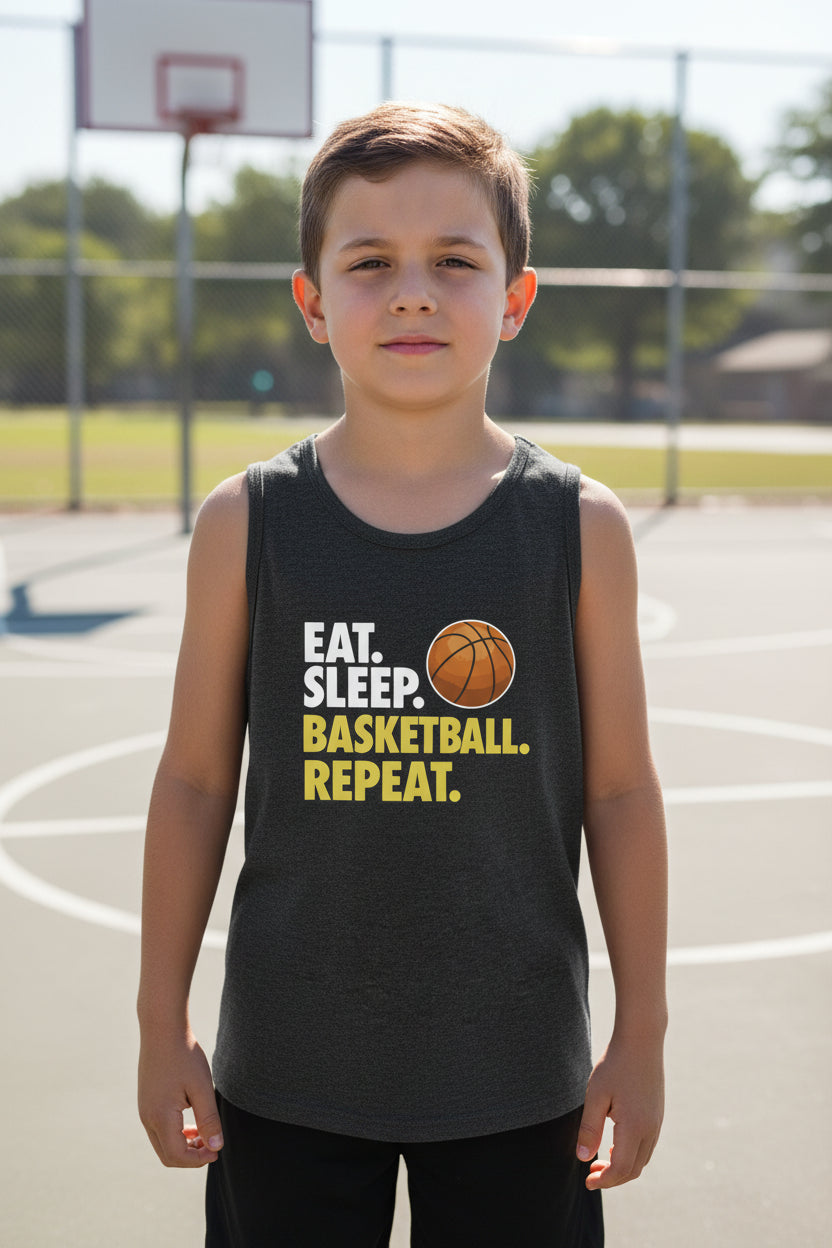 Eat Sleep Basketball Repeat Youth Funny Sports Motivation Tank Top for Kids Athletes  DARK GREY HEATHER - 3480YCV - FRONT