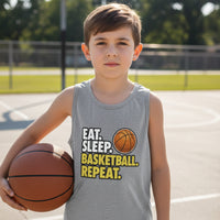 Eat Sleep Basketball Repeat Youth Funny Sports Motivation Tank Top for Kids Athletes  ATHLETIC HEATHER - 3480YCV - FRONT