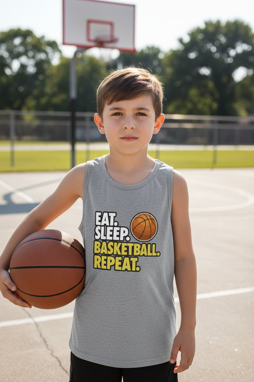 Eat Sleep Basketball Repeat Youth Funny Sports Motivation Tank Top for Kids Athletes  ATHLETIC HEATHER - 3480YCV - FRONT