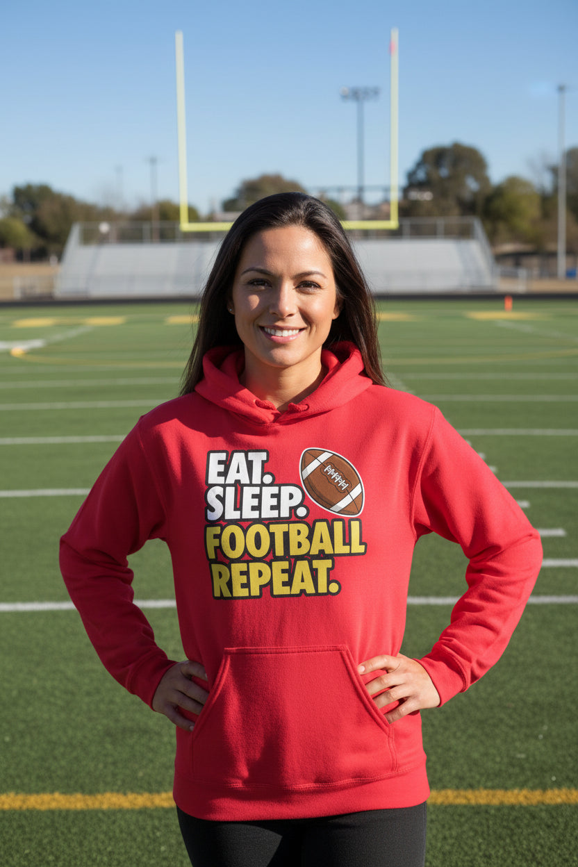 Eat Sleep Football Repeat - Athlete Lifestyle Ladies Hoodie RED - FRONT