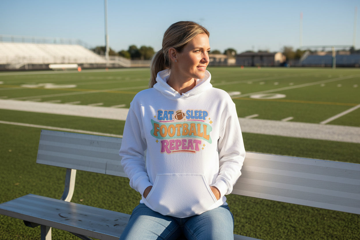 Eat Sleep Football Repeat – Colorful Fun Sports Lifestyle Hoodie for Women WHITE - FRONT