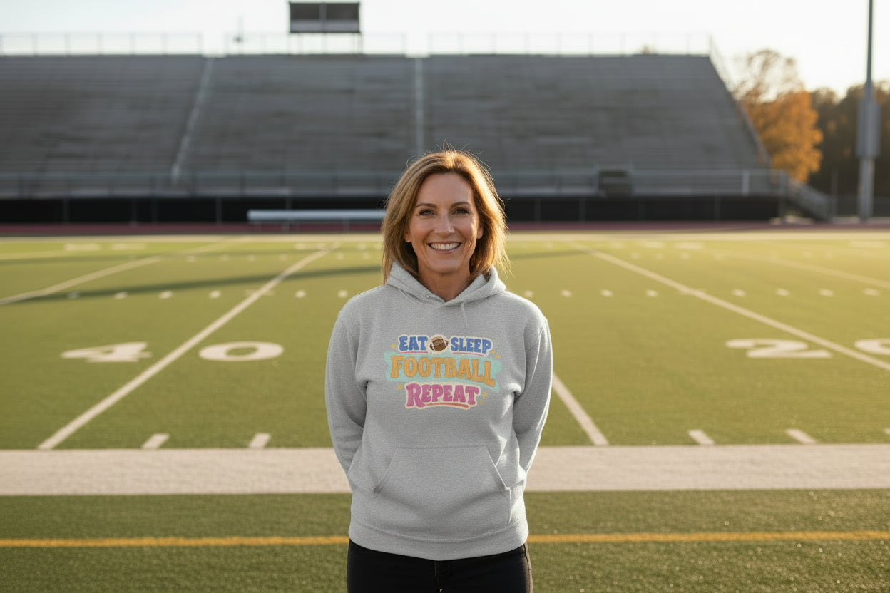 Eat Sleep Football Repeat – Colorful Fun Sports Lifestyle Hoodie for Women SPORT GREY - FRONT