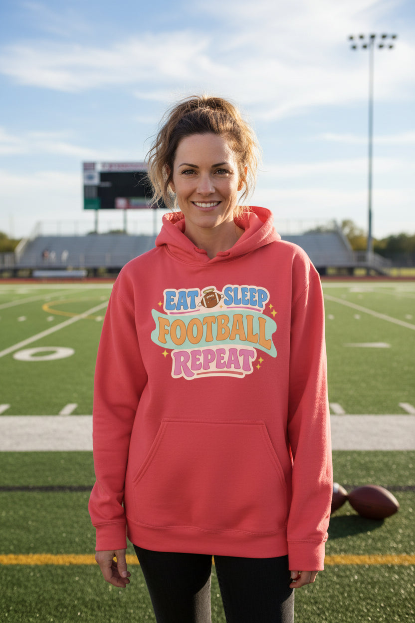 Eat Sleep Football Repeat – Colorful Fun Sports Lifestyle Hoodie for Women RED - FRONT