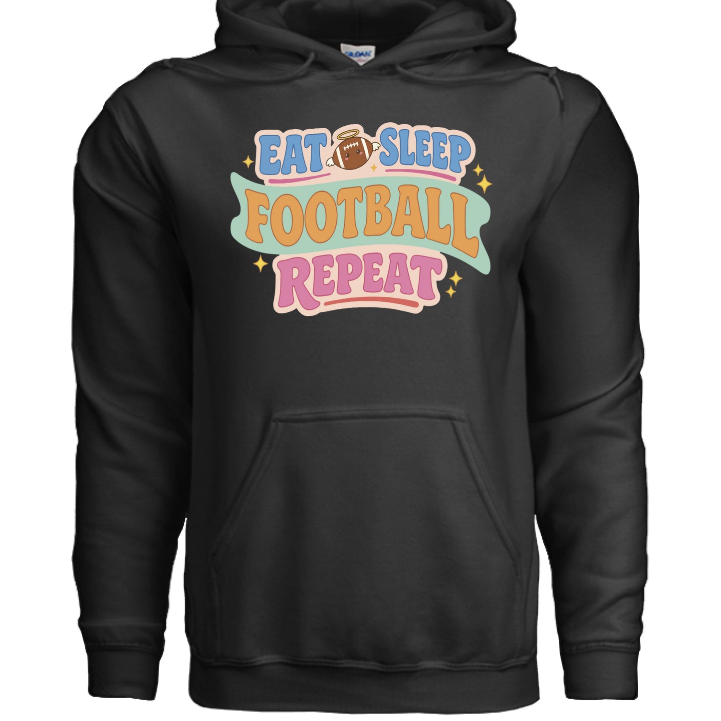 Eat Sleep Football Repeat – Colorful Fun Sports Lifestyle Hoodie for Women BLACK - FRONT