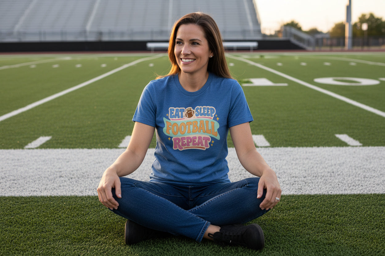 Eat Sleep Football Repeat – Colorful Fun Sports Lifestyle T-Shirt for Women HTHR TRUE ROYAL - FRONT