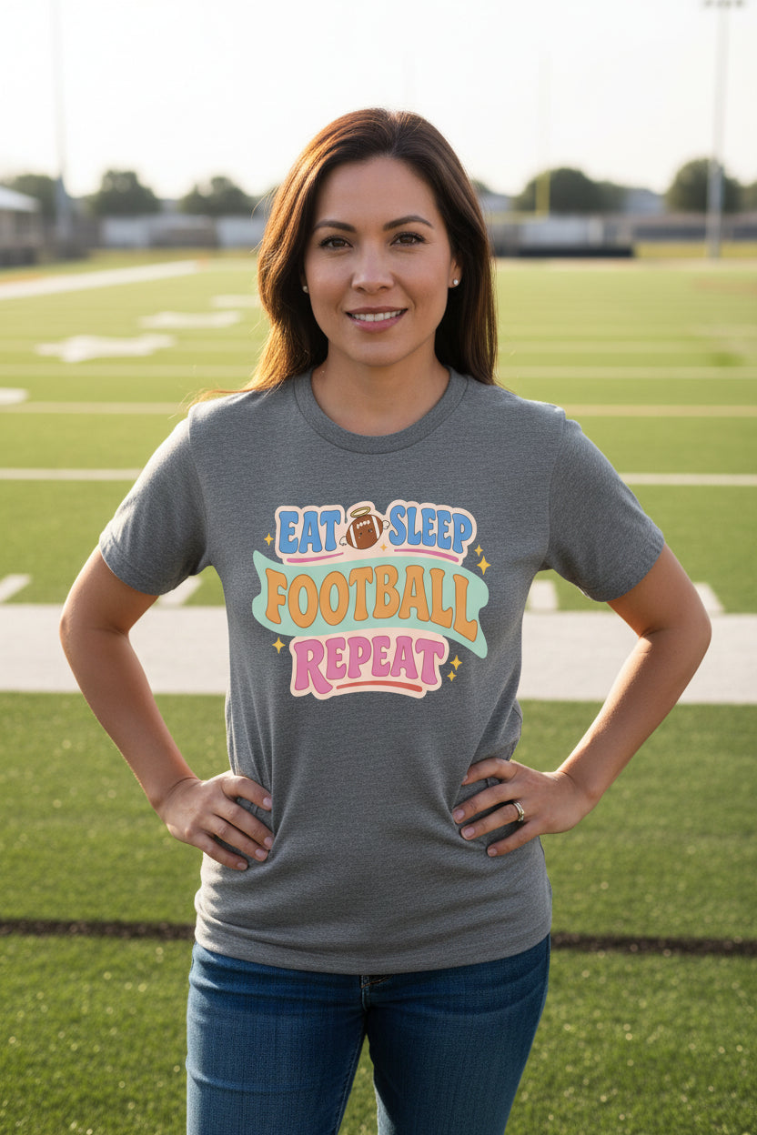 Eat Sleep Football Repeat – Colorful Fun Sports Lifestyle T-Shirt for Women DEEP HEATHER - FRONT