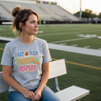 Eat Sleep Football Repeat – Colorful Fun Sports Lifestyle T-Shirt for Women ATHLETIC HEATHER - FRONT