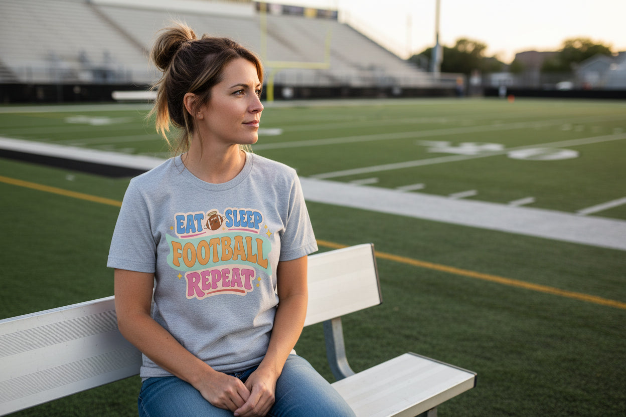 Eat Sleep Football Repeat – Colorful Fun Sports Lifestyle T-Shirt for Women ATHLETIC HEATHER - FRONT