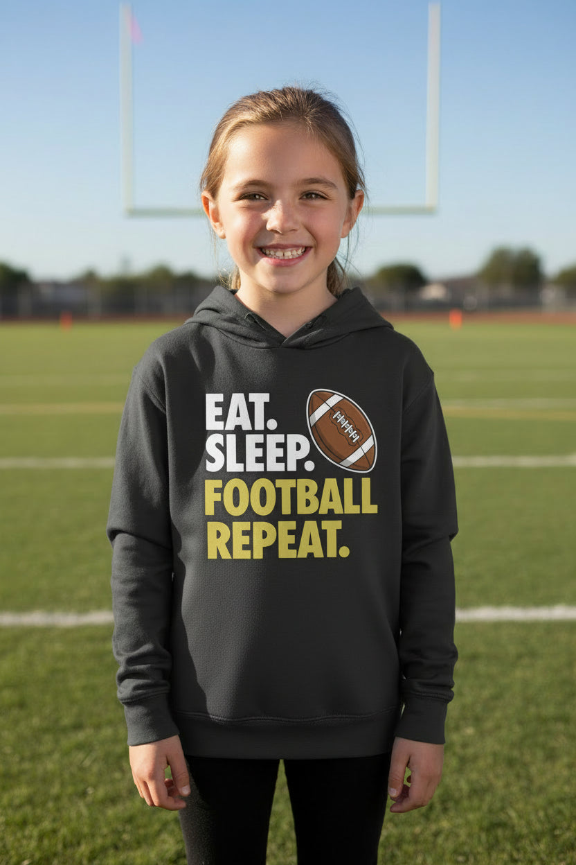 Eat Sleep Football Repeat Youth Funny Sports Motivation Hoodie for Kids Athletes Black - YST358 - FRONT