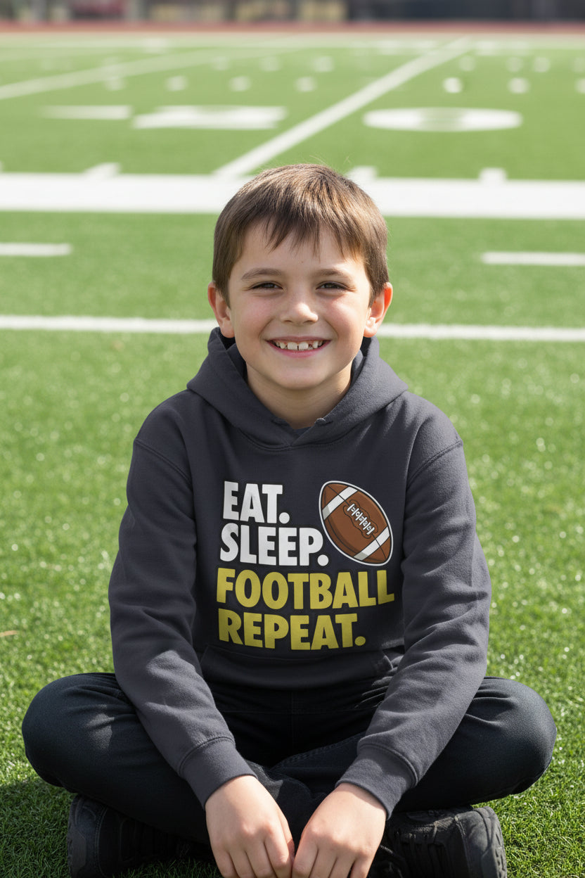 Eat Sleep Football Repeat Youth Funny Sports Motivation Hoodie for Kids Athletes True Navy - YST358 - FRONT