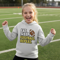 Eat Sleep Football Repeat Youth Funny Sports Motivation Hoodie for Kids Athletes Silver - YST358 - FRONT