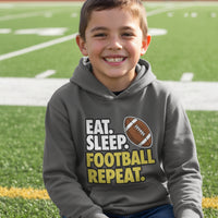 Eat Sleep Football Repeat Youth Funny Sports Motivation Hoodie for Kids Athletes Iron Grey - YST358 - FRONT