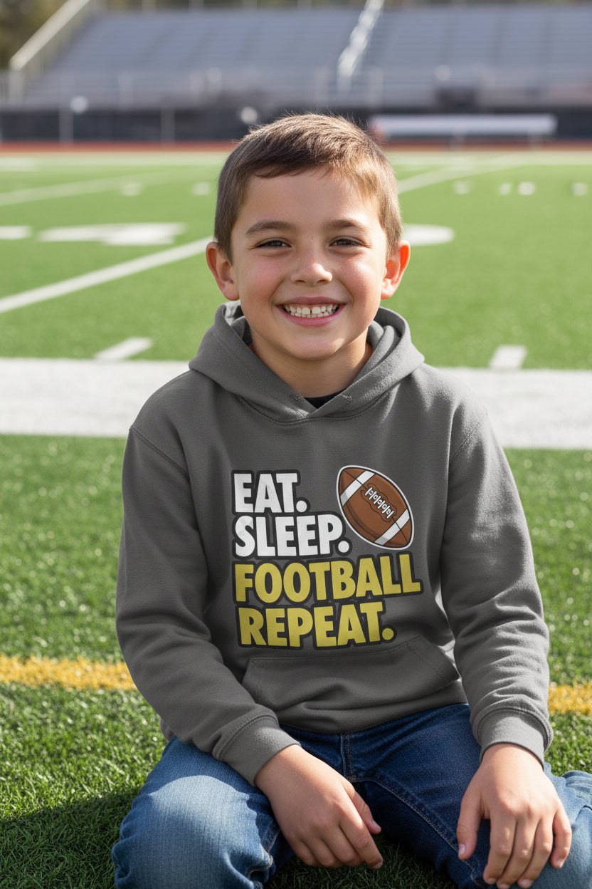 Eat Sleep Football Repeat Youth Funny Sports Motivation Hoodie for Kids Athletes Iron Grey - YST358 - FRONT