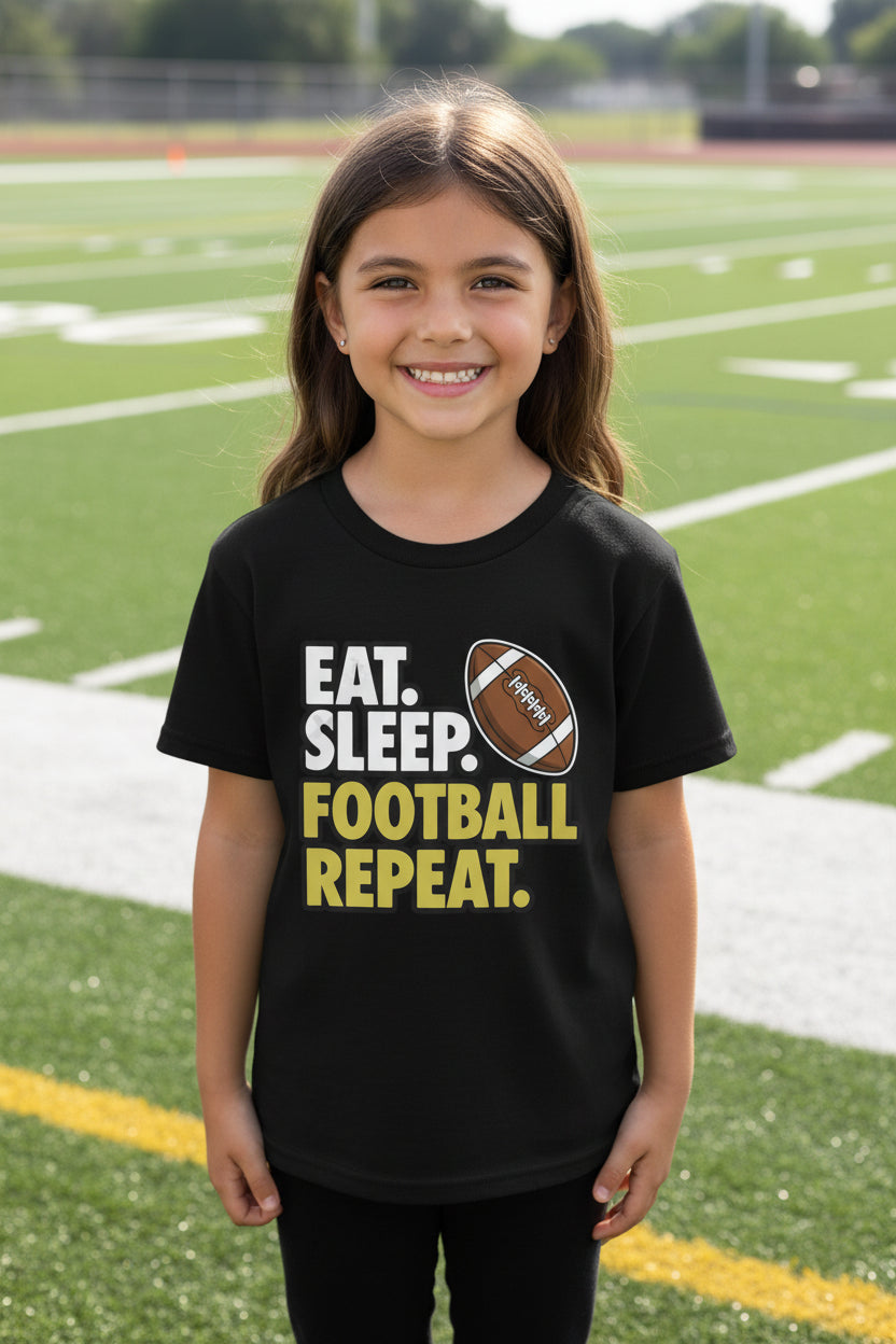 Eat Sleep Football Repeat Youth Funny Sports Motivation T-Shirt for Kids Athletes Black - G640B - FRONT