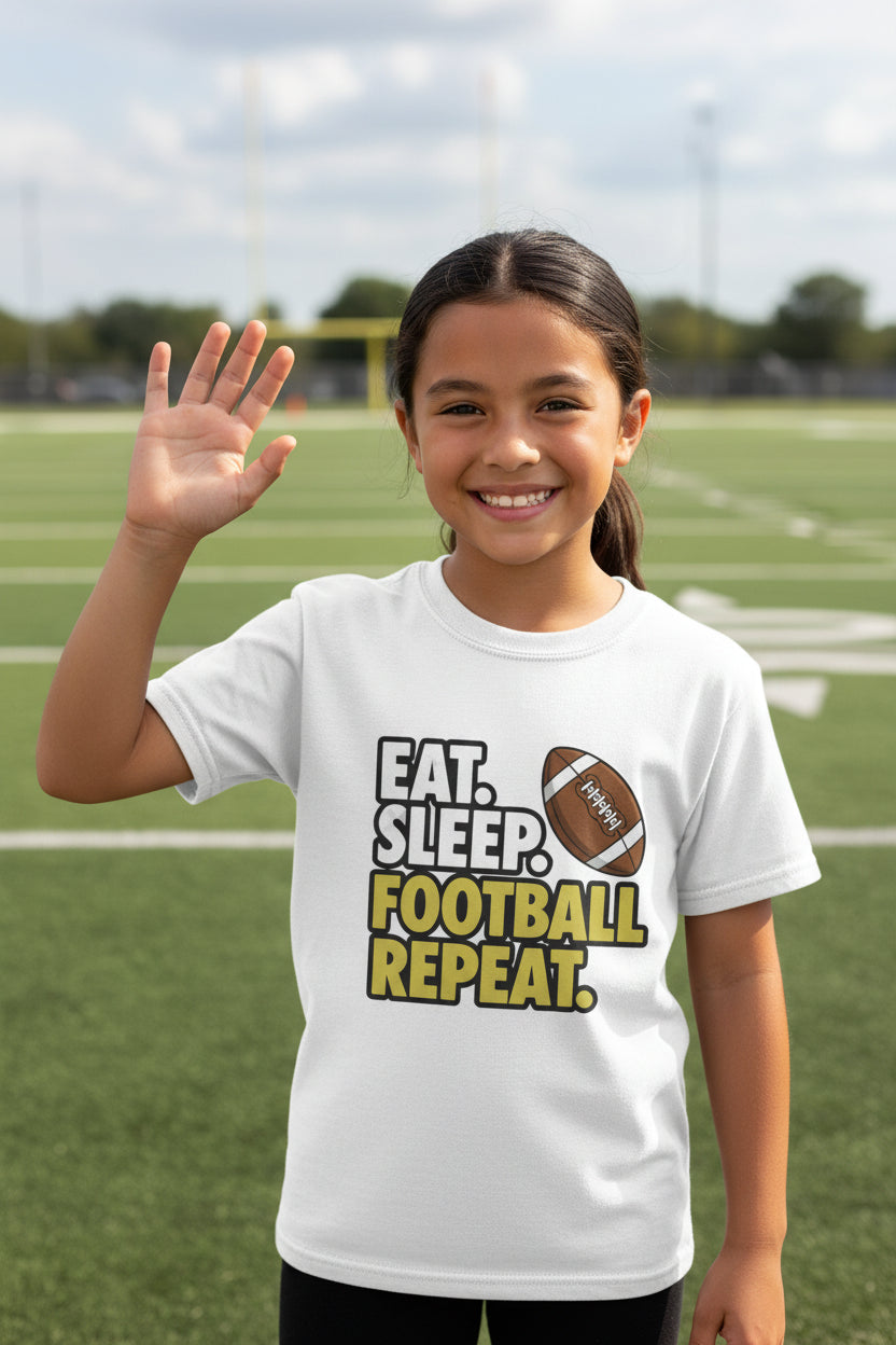 Eat Sleep Football Repeat Youth Funny Sports Motivation T-Shirt for Kids Athletes WHITE - G640B - FRONT