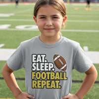 Eat Sleep Football Repeat Youth Funny Sports Motivation T-Shirt for Kids Athletes Sport Grey - G640B - FRONT
