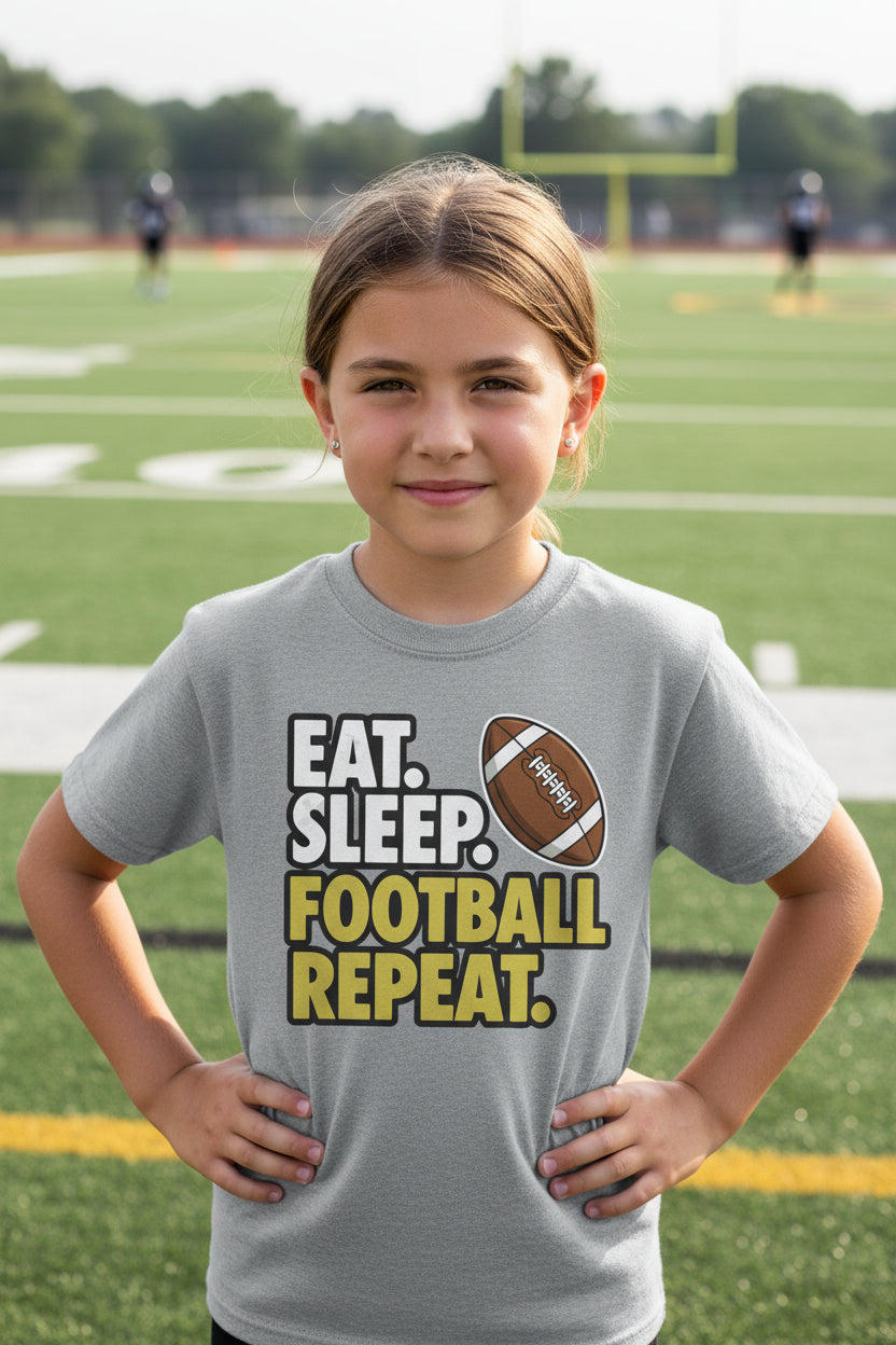 Eat Sleep Football Repeat Youth Funny Sports Motivation T-Shirt for Kids Athletes Sport Grey - G640B - FRONT