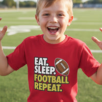 Eat Sleep Football Repeat Youth Funny Sports Motivation T-Shirt for Kids Athletes Red - G640B - FRONT