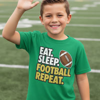 Eat Sleep Football Repeat Youth Funny Sports Motivation T-Shirt for Kids Athletes Irish Green - G640B - FRONT