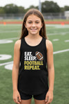 Eat Sleep Football Repeat Youth Funny Sports Motivation Tank Top for Kids Athletes Solid Black Triblend - 3480YCV - FRONT