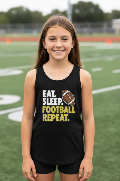 Eat Sleep Football Repeat Youth Funny Sports Motivation Tank Top for Kids Athletes Solid Black Triblend - 3480YCV - FRONT
