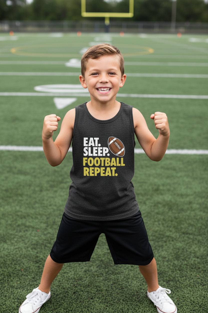 Eat Sleep Football Repeat Youth Funny Sports Motivation Tank Top for Kids Athletes DARK GREY HEATHER - 3480YCV - FRONT