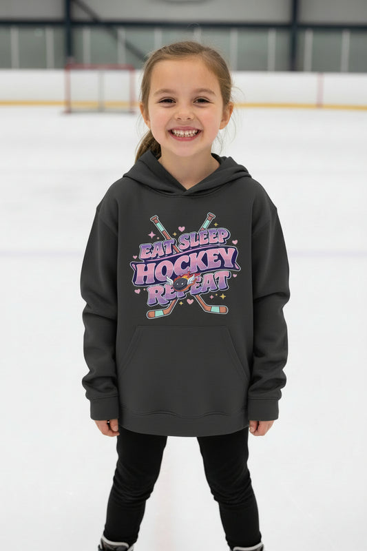 Eat Sleep Hockey Repeat Fan Girly Sports Aesthetic Hoodie Black - FRONT