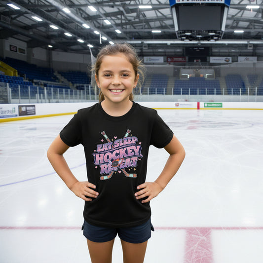 Eat Sleep Hockey Repeat Fan Girly Sports Aesthetic T-Shirt Black - FRONT