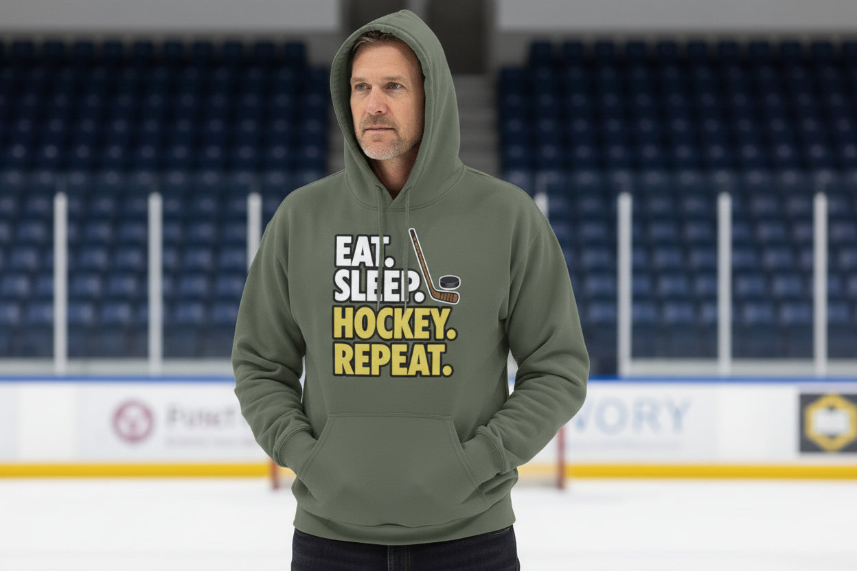 Eat Sleep Hockey Repeat Hoodie for Men - Athlete Lifestyle MILITARY GREEN - FRONT