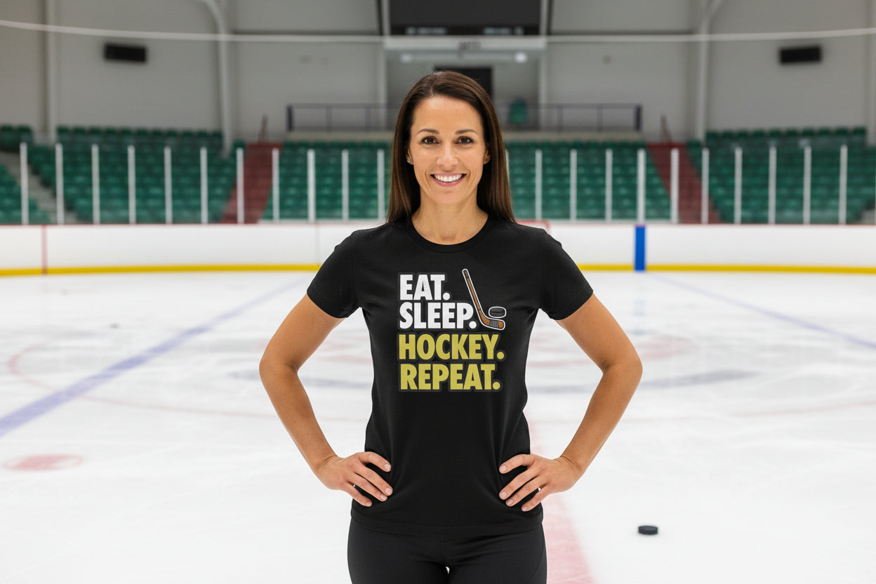 Eat Sleep Hockey Repeat Ladies T-Shirt- Athlete Lifestyle SOLID BLK BLEND - FRONT