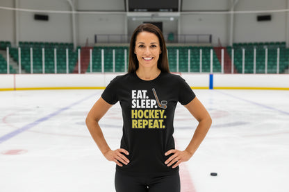 Eat Sleep Hockey Repeat Ladies T-Shirt- Athlete Lifestyle SOLID BLK BLEND - FRONT