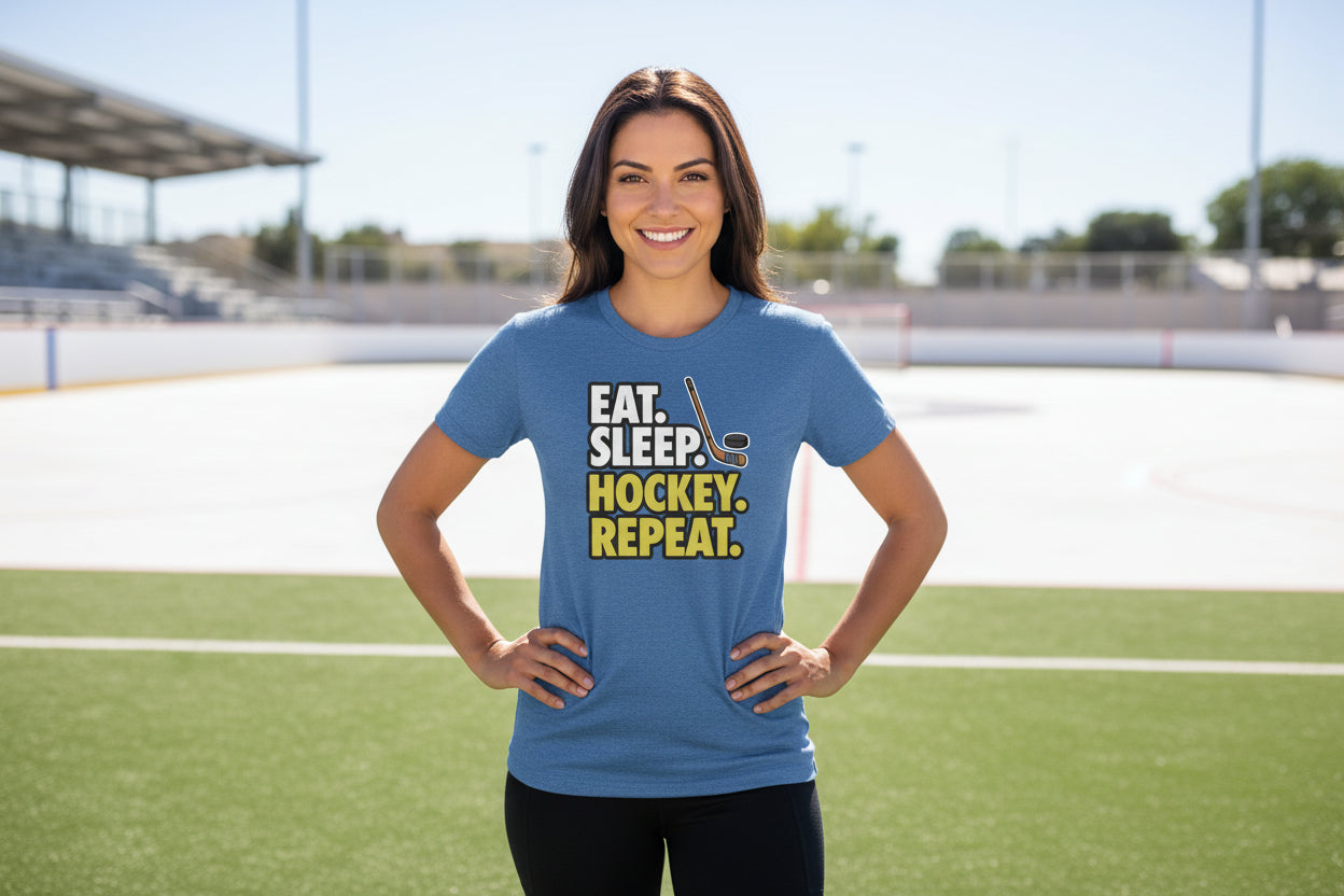 Eat Sleep Hockey Repeat Ladies T-Shirt- Athlete Lifestyle HTHR TRUE ROYAL - FRONT