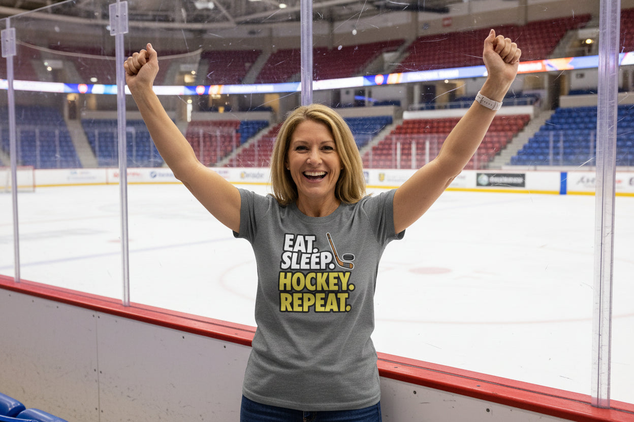 Eat Sleep Hockey Repeat Ladies T-Shirt- Athlete Lifestyle DEEP HEATHER - FRONT