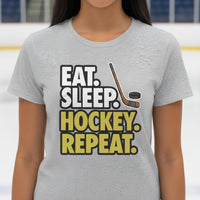Eat Sleep Hockey Repeat Ladies T-Shirt- Athlete Lifestyle ATHLETIC HEATHER - FRONT
