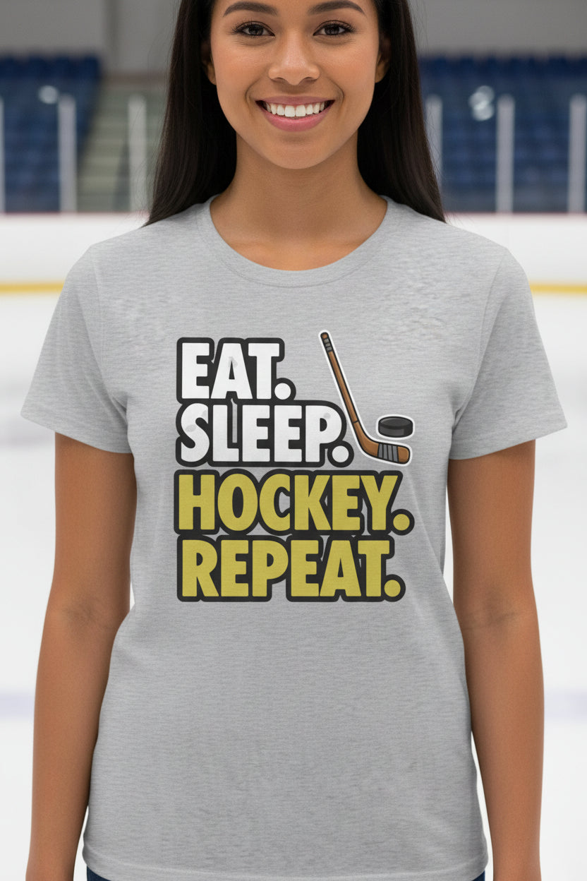 Eat Sleep Hockey Repeat Ladies T-Shirt- Athlete Lifestyle ATHLETIC HEATHER - FRONT