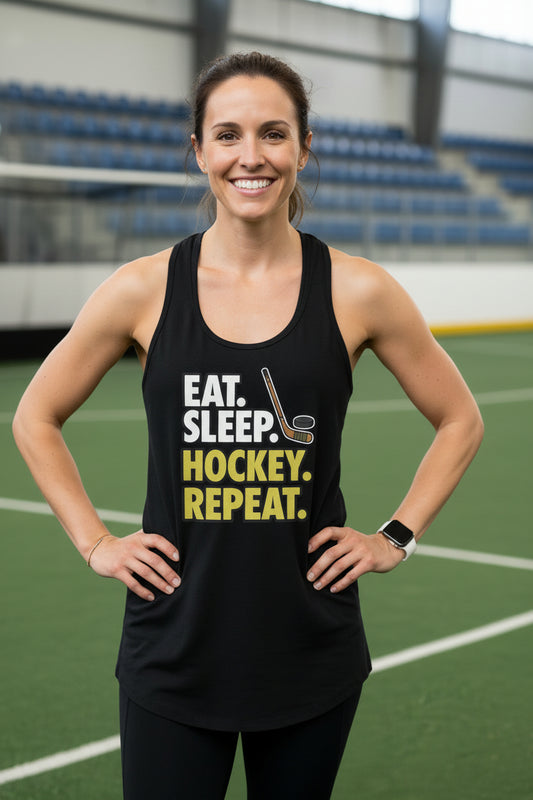 Eat Sleep Hockey Repeat Ladies Tank Top- Athlete Lifestyle Black - FRONT