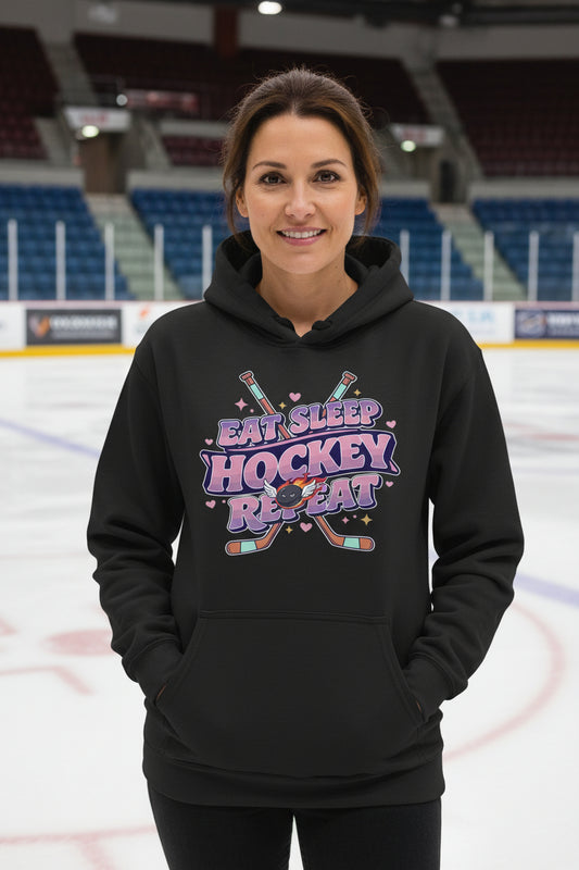 Eat Sleep Hockey Repeat Retro Hoodie for Women – Cute Pink Hockey Lover Sports Design BLACK - FRONT